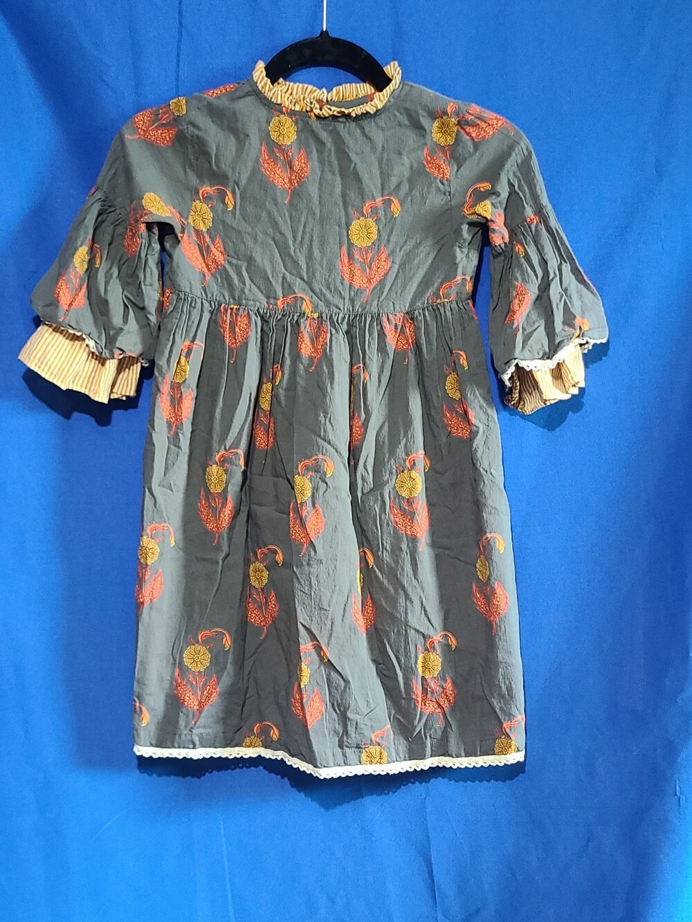 Yo Baby Embroidered Floral Peasant Dress in Charcoal Orange & Mustard Size 7